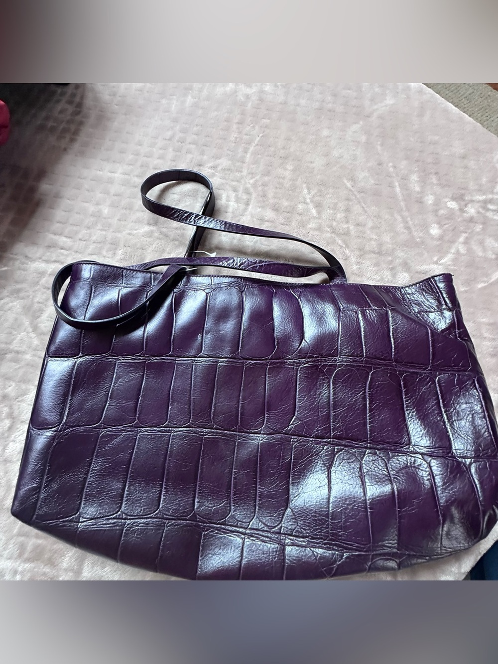 Croc-Textured Purple Leather Shoulder Bag